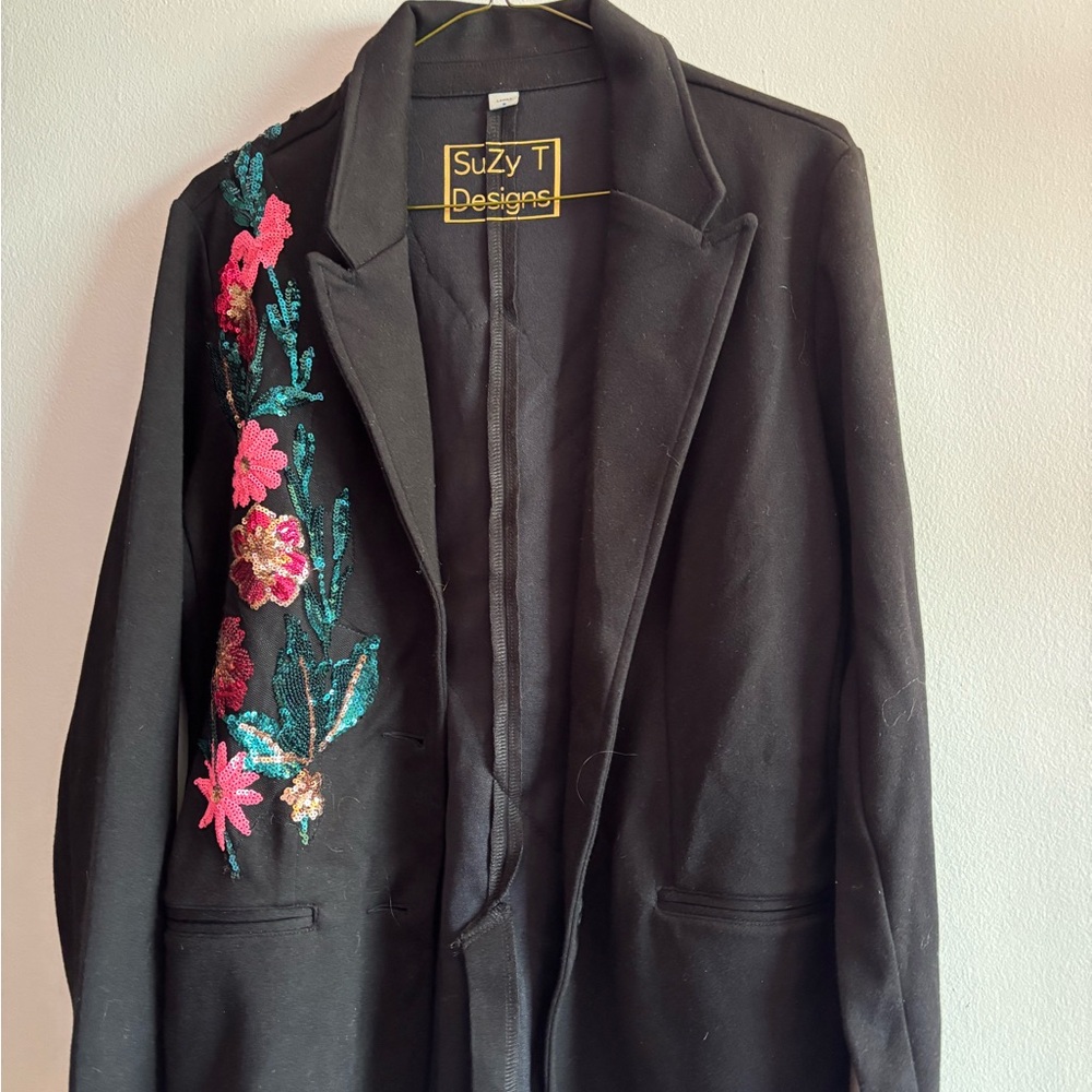 Black Jacket with Pink Floral Embroidery